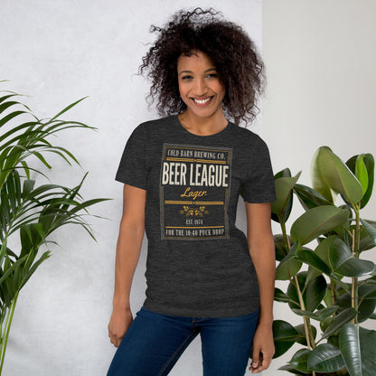 Beer League Cold Barn Brewing lager t-shirt — Dark Grey Heather, on model