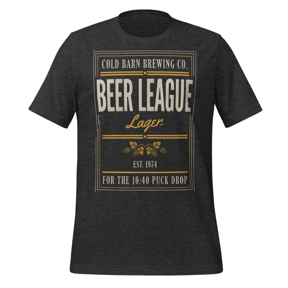 Beer League Cold Barn Brewing lager t-shirt — Dark Grey Heather, front