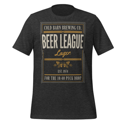 Beer League Cold Barn Brewing lager t-shirt — Dark Grey Heather, front