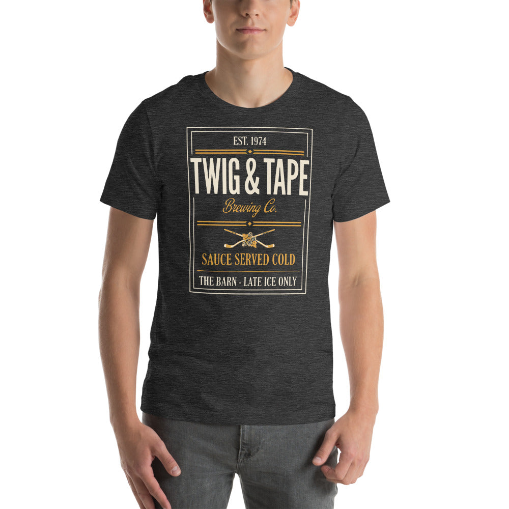 Twig and Tape Brewing Co. beer league hockey t-shirt — Dark Grey Heather, on model