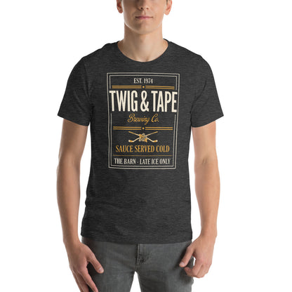 Twig and Tape Brewing Co. beer league hockey t-shirt — Dark Grey Heather, on model