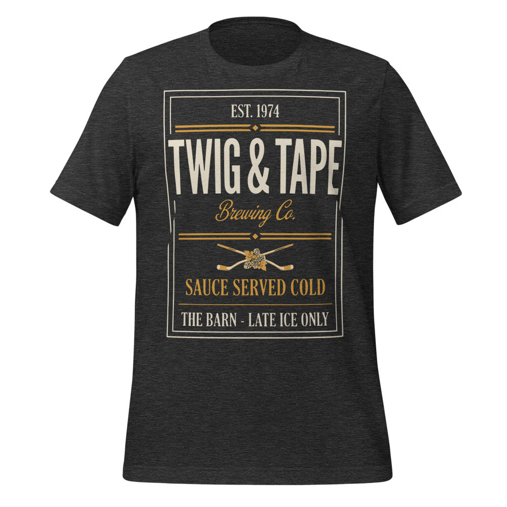 Twig and Tape Brewing Co. beer league hockey t-shirt — Dark Grey Heather, front