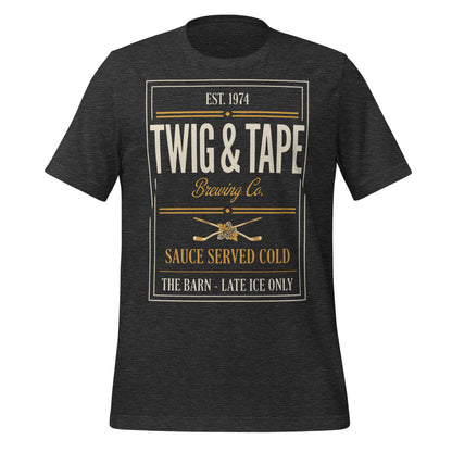 Twig and Tape Brewing Co. beer league hockey t-shirt — Dark Grey Heather, front
