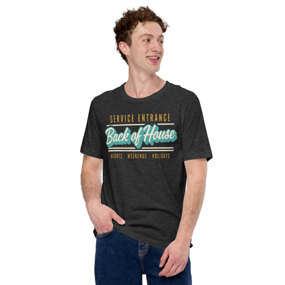 Line Cook Back of House retro diner service sign t-shirt — Dark Grey Heather, on model