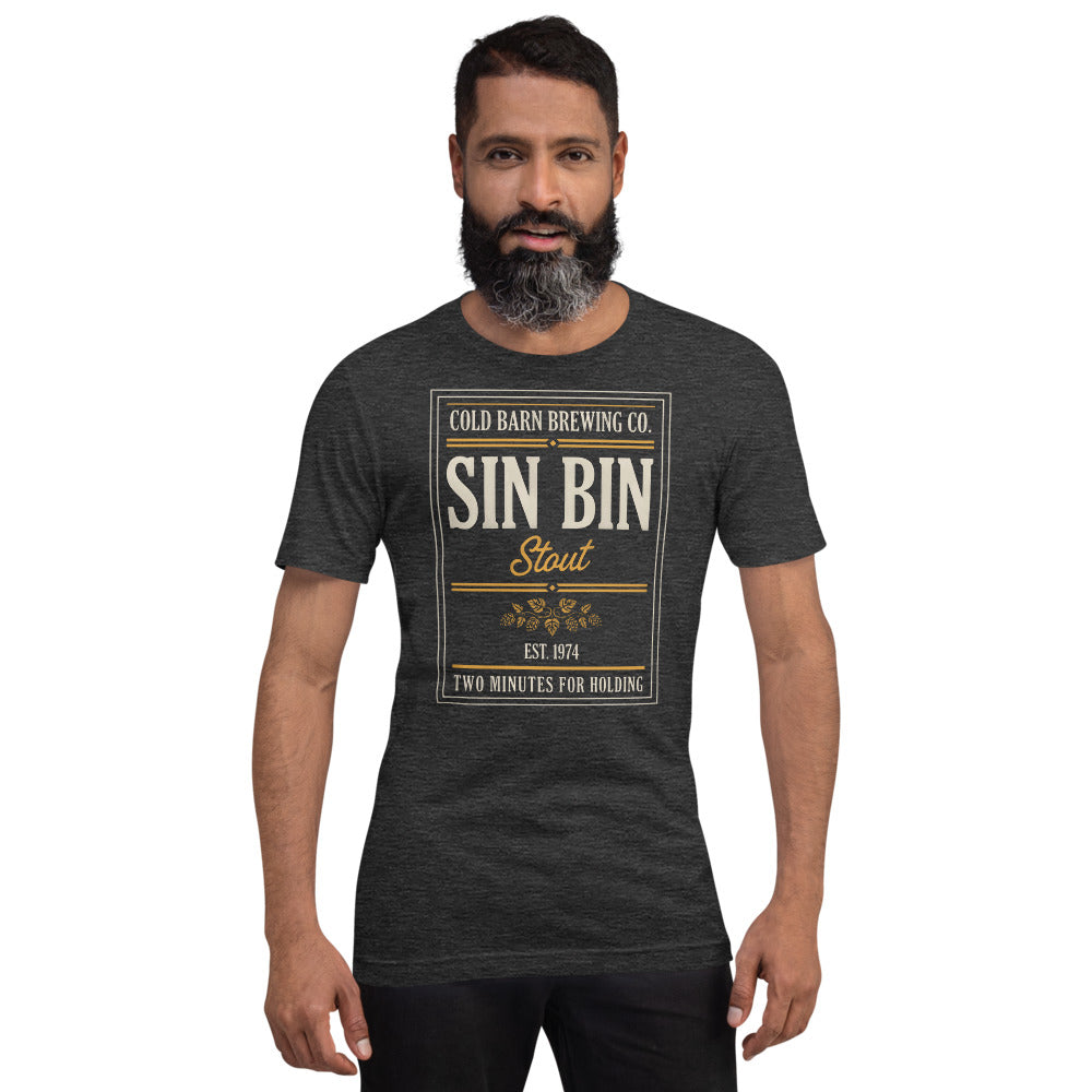 Beer League Sin Bin Stout brewery label t-shirt — Dark Grey Heather, on model