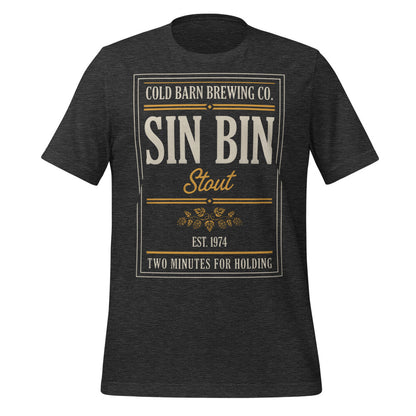 Beer League Sin Bin Stout brewery label t-shirt — Dark Grey Heather, front