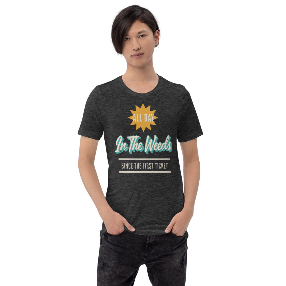 In The Weeds line cook retro diner service sign t-shirt — Dark Grey Heather, on model