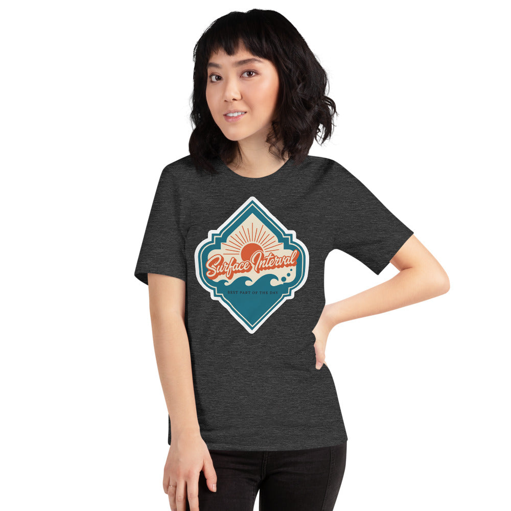 Surface Interval vintage scuba diving travel decal t-shirt — Dark Grey Heather, on model