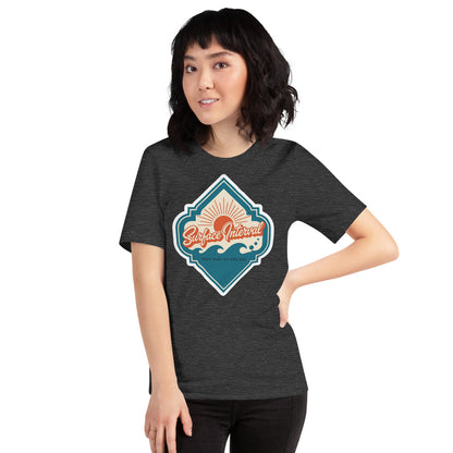 Surface Interval vintage scuba diving travel decal t-shirt — Dark Grey Heather, on model