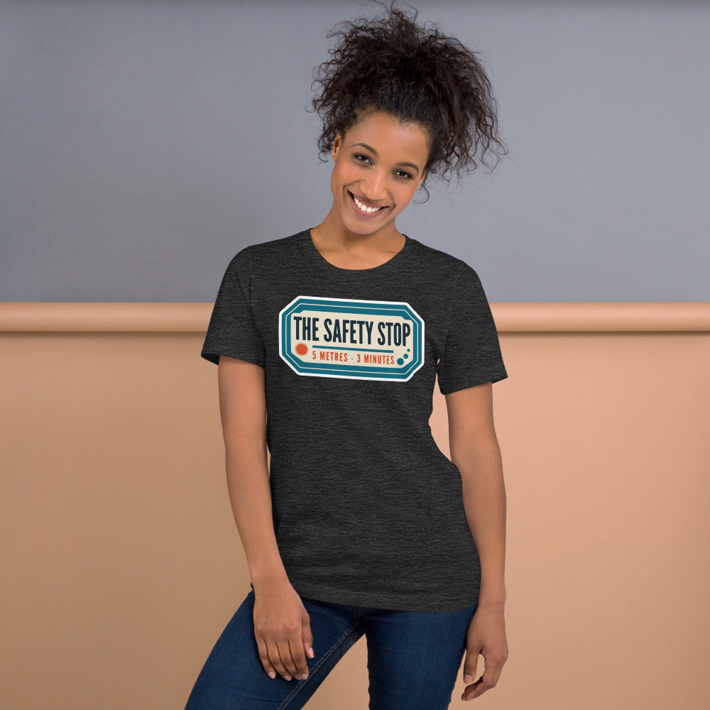 The Safety Stop vintage scuba diving travel decal t-shirt — Dark Grey Heather, on model