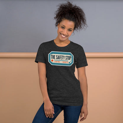 The Safety Stop vintage scuba diving travel decal t-shirt — Dark Grey Heather, on model