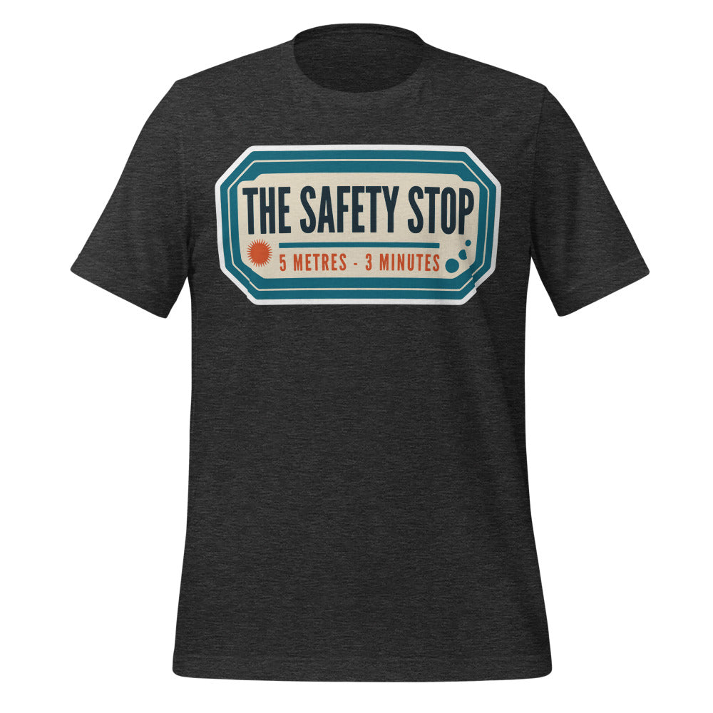 The Safety Stop vintage scuba diving travel decal t-shirt — Dark Grey Heather, front