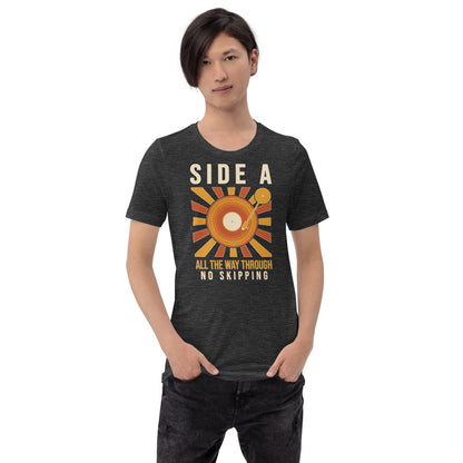 Side A No Skipping vinyl record tee — Dark Grey Heather, on model