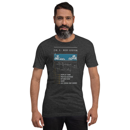 Reef System technical cutaway saltwater aquarium t-shirt — Dark Grey Heather, on model