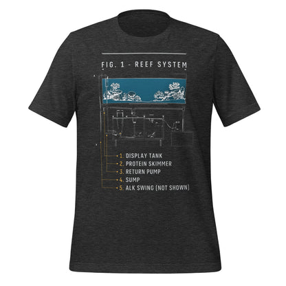 Reef System technical cutaway saltwater aquarium t-shirt — Dark Grey Heather, front