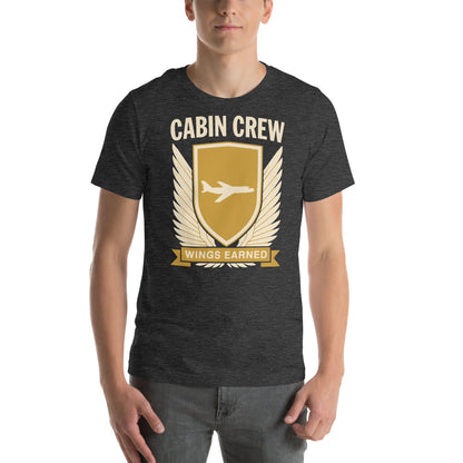 Wings Earned flight attendant tee — Dark Grey Heather, on model