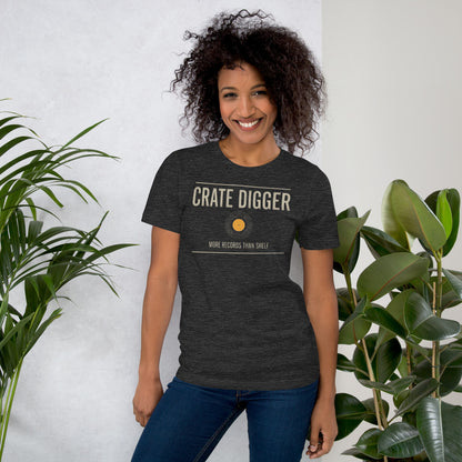 Crate Digger vinyl record tee — Dark Grey Heather, on model
