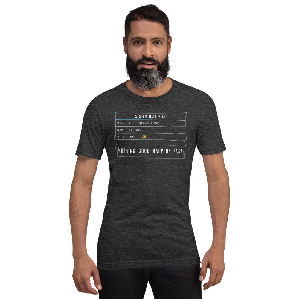 Nothing Good Happens Fast reef system data plate saltwater aquarium t-shirt — Dark Grey Heather, on model