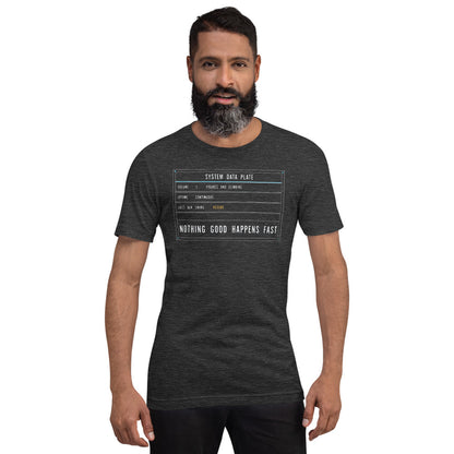 Nothing Good Happens Fast reef system data plate saltwater aquarium t-shirt — Dark Grey Heather, on model