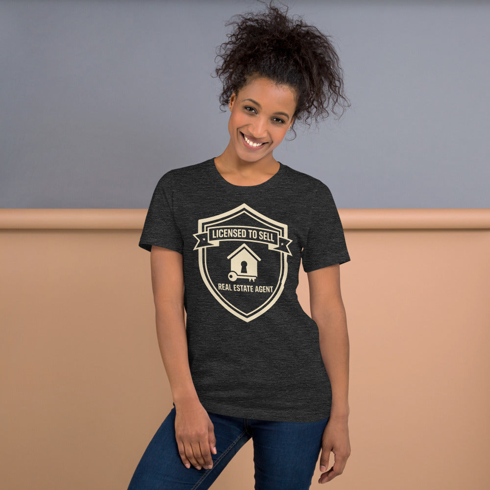 Licensed to Sell real estate agent tee — Dark Grey Heather, on model