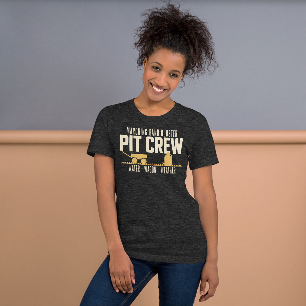 Pit Crew marching band booster t-shirt — Dark Grey Heather, on model