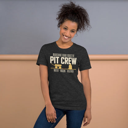 Pit Crew marching band booster t-shirt — Dark Grey Heather, on model