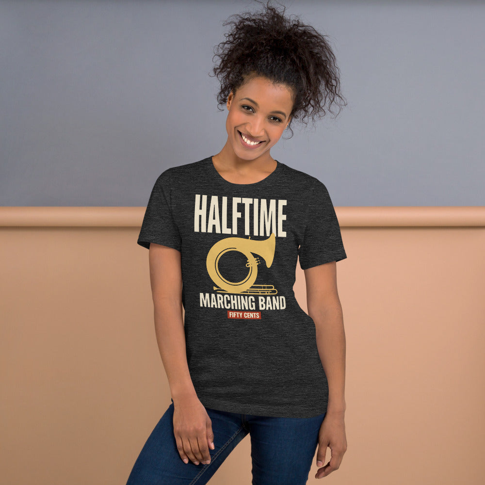 Official Halftime vintage marching band t-shirt — Dark Grey Heather, on model