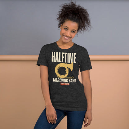 Official Halftime vintage marching band t-shirt — Dark Grey Heather, on model