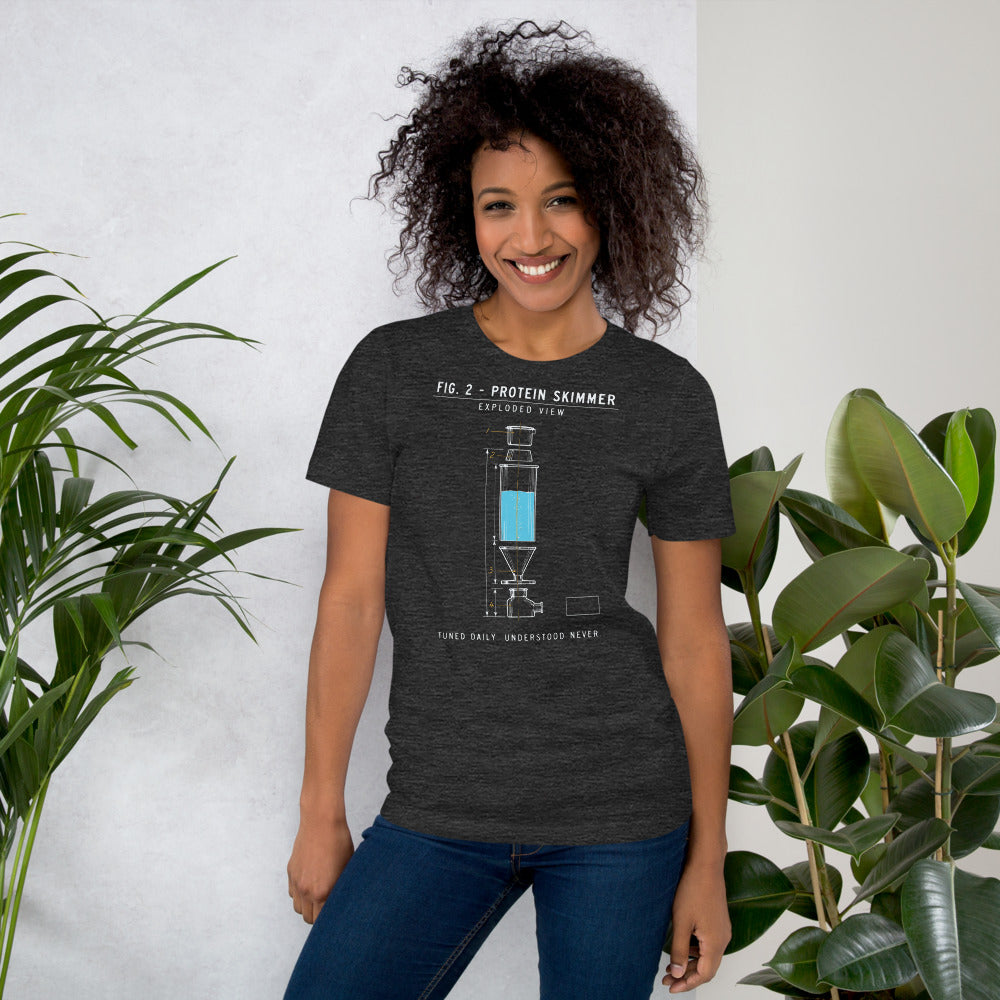 Protein Skimmer Exploded View reef tank saltwater aquarium t-shirt — Dark Grey Heather, on model