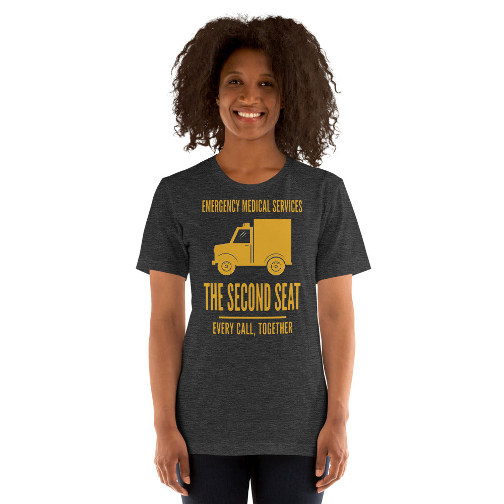 The Second Seat EMS paramedic tee — Dark Grey Heather, on model