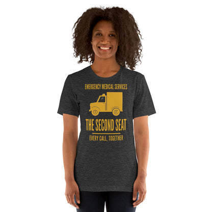 The Second Seat EMS paramedic tee — Dark Grey Heather, on model