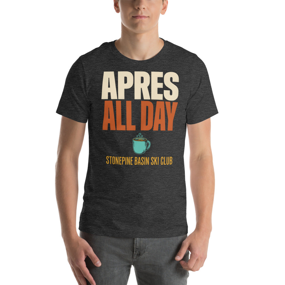 Après All Day Stonepine Basin Ski Club retro apres-ski t-shirt — Dark Grey Heather, on model