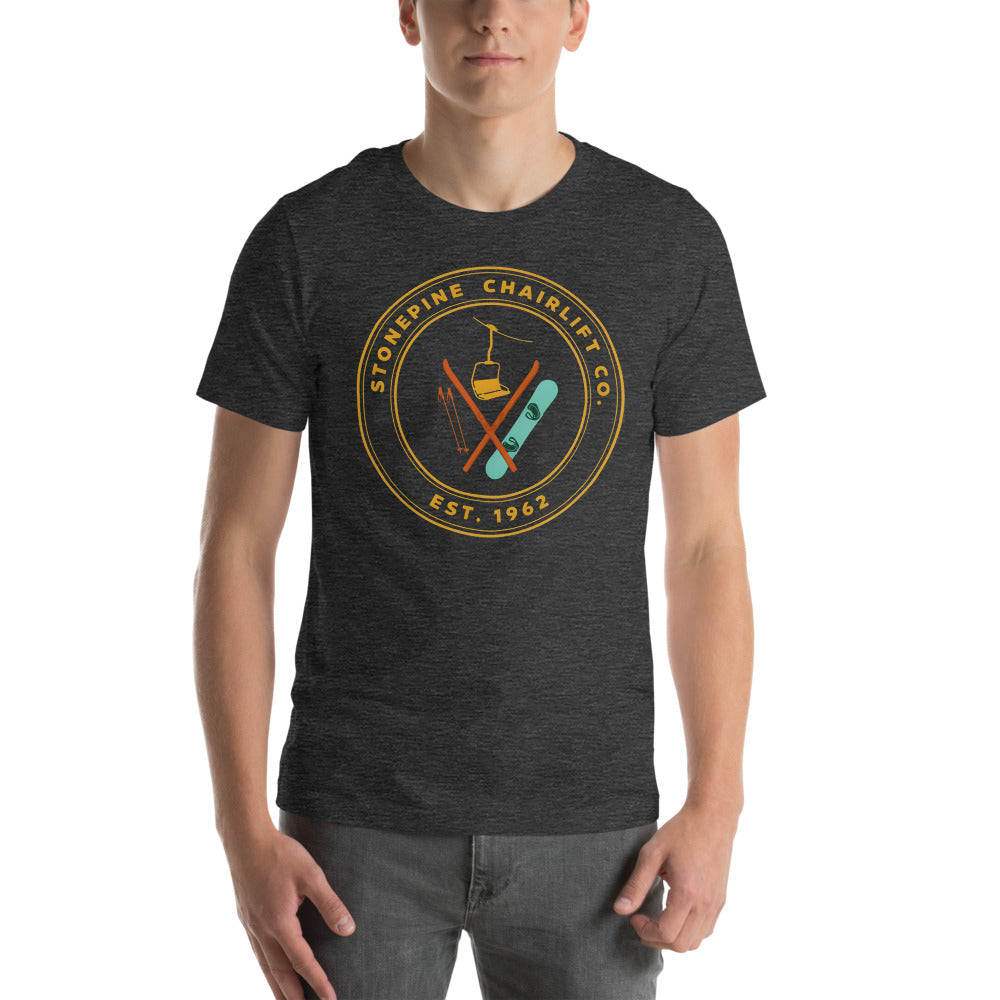 Stonepine Chairlift Co. retro vintage ski club badge t-shirt — Dark Grey Heather, on model