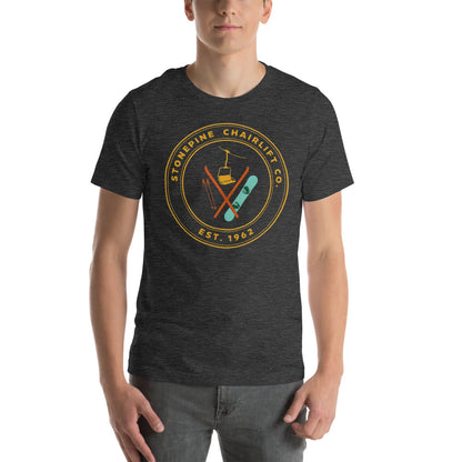Stonepine Chairlift Co. retro vintage ski club badge t-shirt — Dark Grey Heather, on model