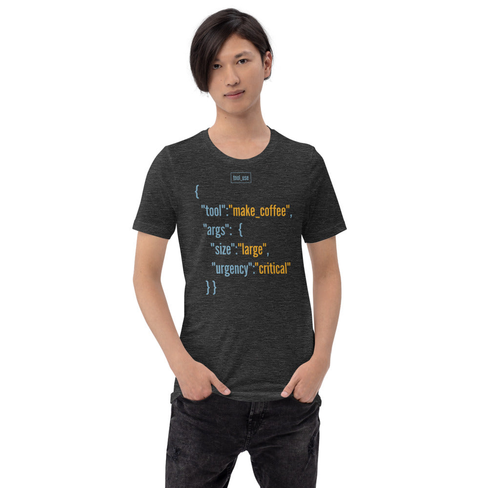 Tool Call Make Coffee AI engineer tee — Dark Grey Heather, on model