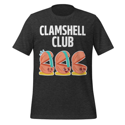Clamshell Club funny physical therapy tee — Dark Grey Heather, front