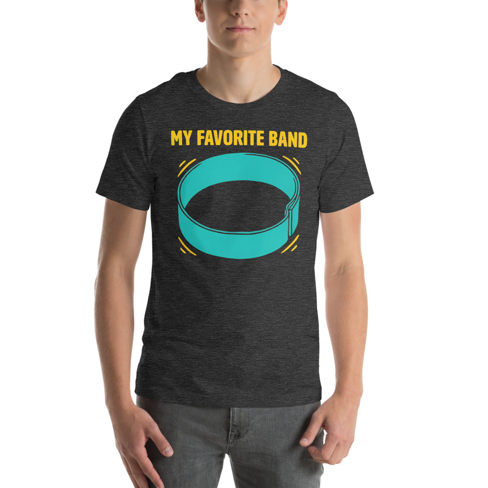 My Favorite Band funny physical therapy tee — Dark Grey Heather, on model