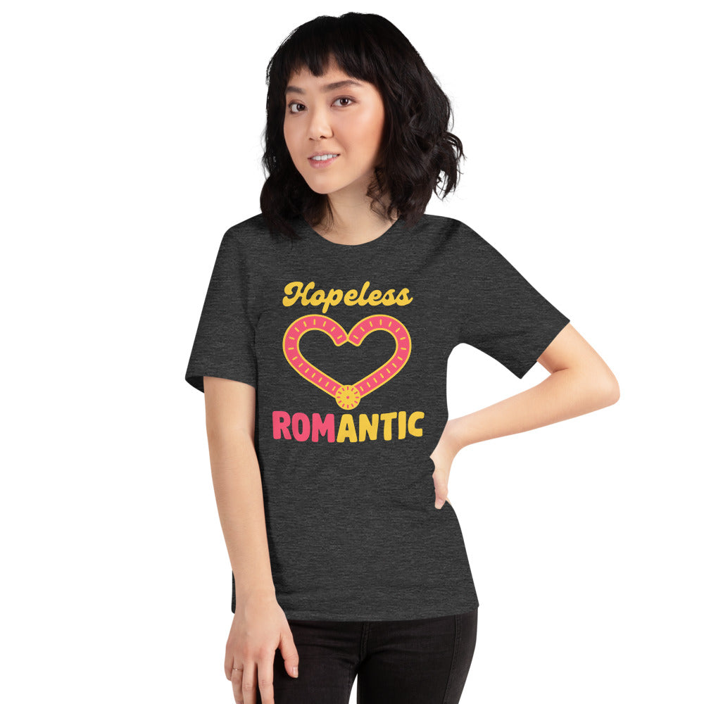 Hopeless ROMantic funny physical therapy tee — Dark Grey Heather, on model