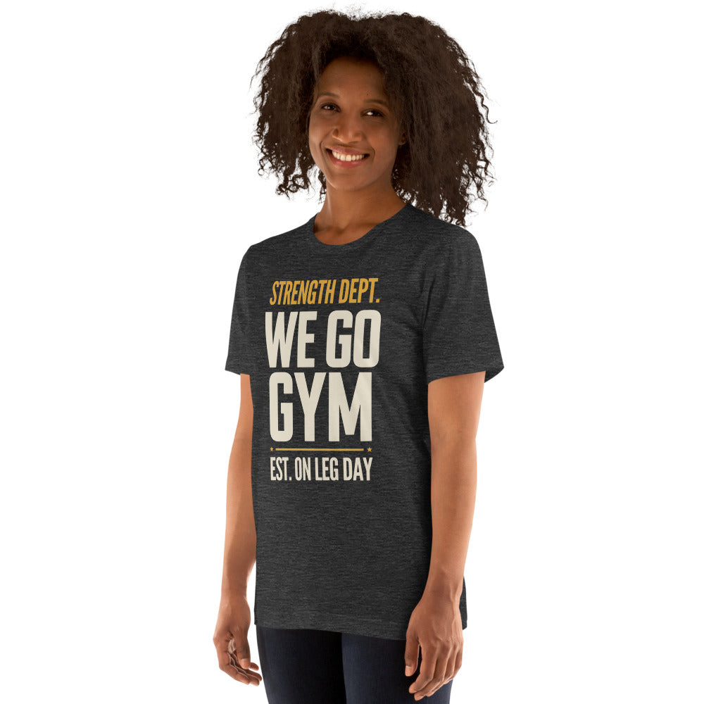 We Go Gym vintage athletic gym tee — Dark Grey Heather, model