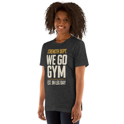 We Go Gym vintage athletic gym tee — Dark Grey Heather, model