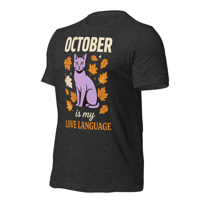 October Is My Love Language retro Halloween black cat tee — Dark Grey Heather, front right