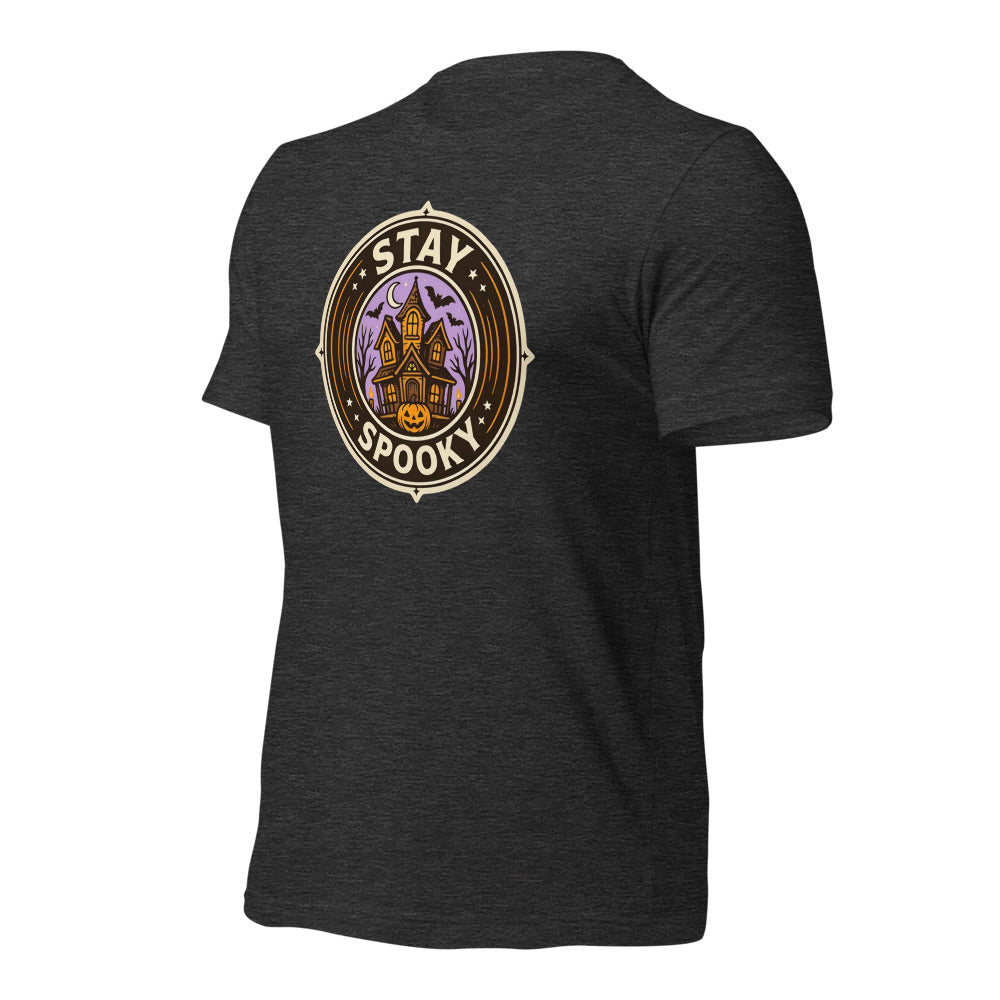 Stay Spooky retro Halloween vintage badge tee — Dark Grey Heather, front-right