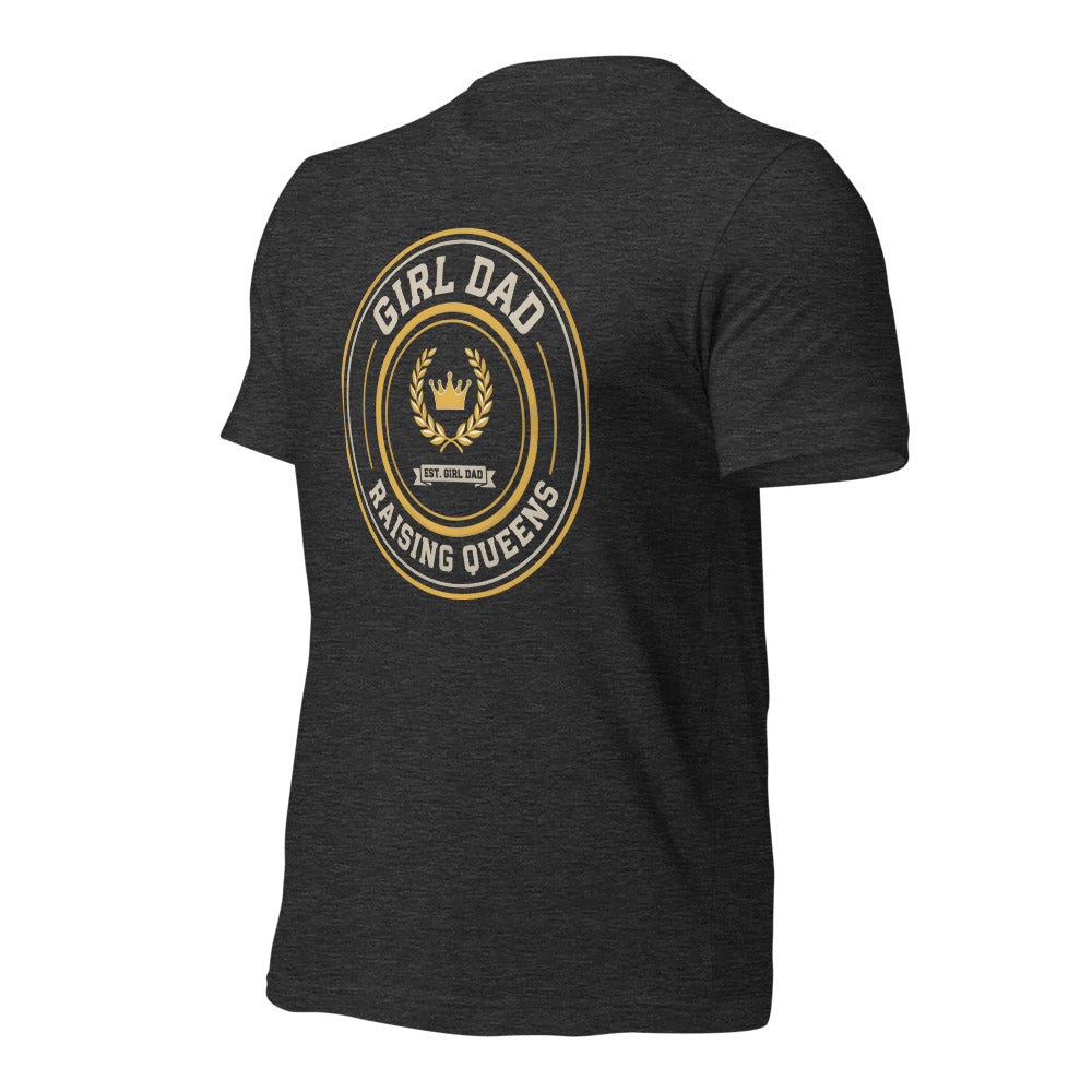Girl Dad Raising Queens crest tee — Dark Grey Heather, front-right