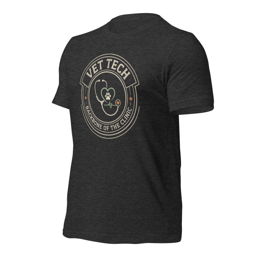 Vet Tech Crest retro veterinary technician tee — Dark Grey Heather, front-right