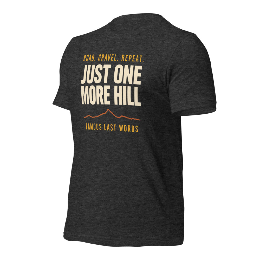 Just One More Hill retro cycling climb t-shirt — Dark Grey Heather, front-right