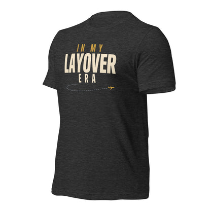 In My Layover Era flight attendant tee — Dark Grey Heather, front-right