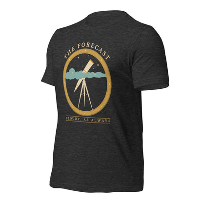 The Forecast Cloudy As Always funny astronomy tee — Dark Grey Heather, front-right
