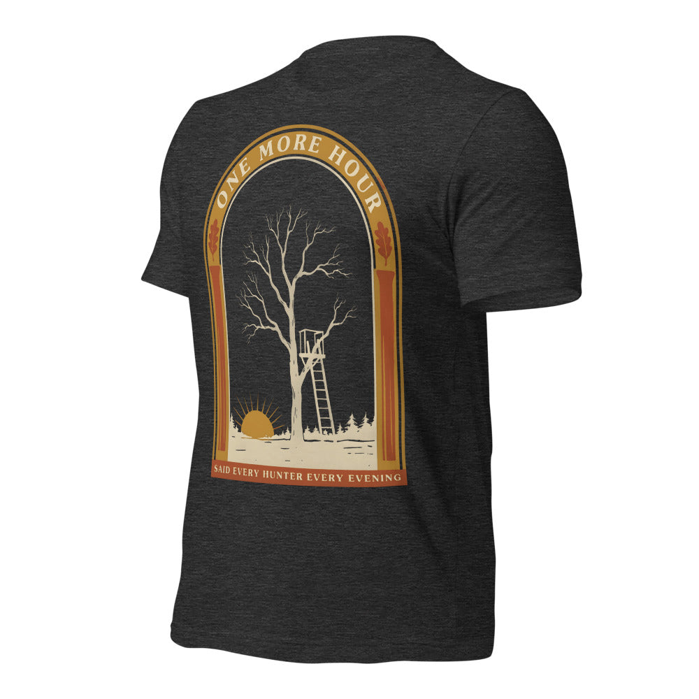 One More Hour funny deer hunting tee — Dark Grey Heather, front-right