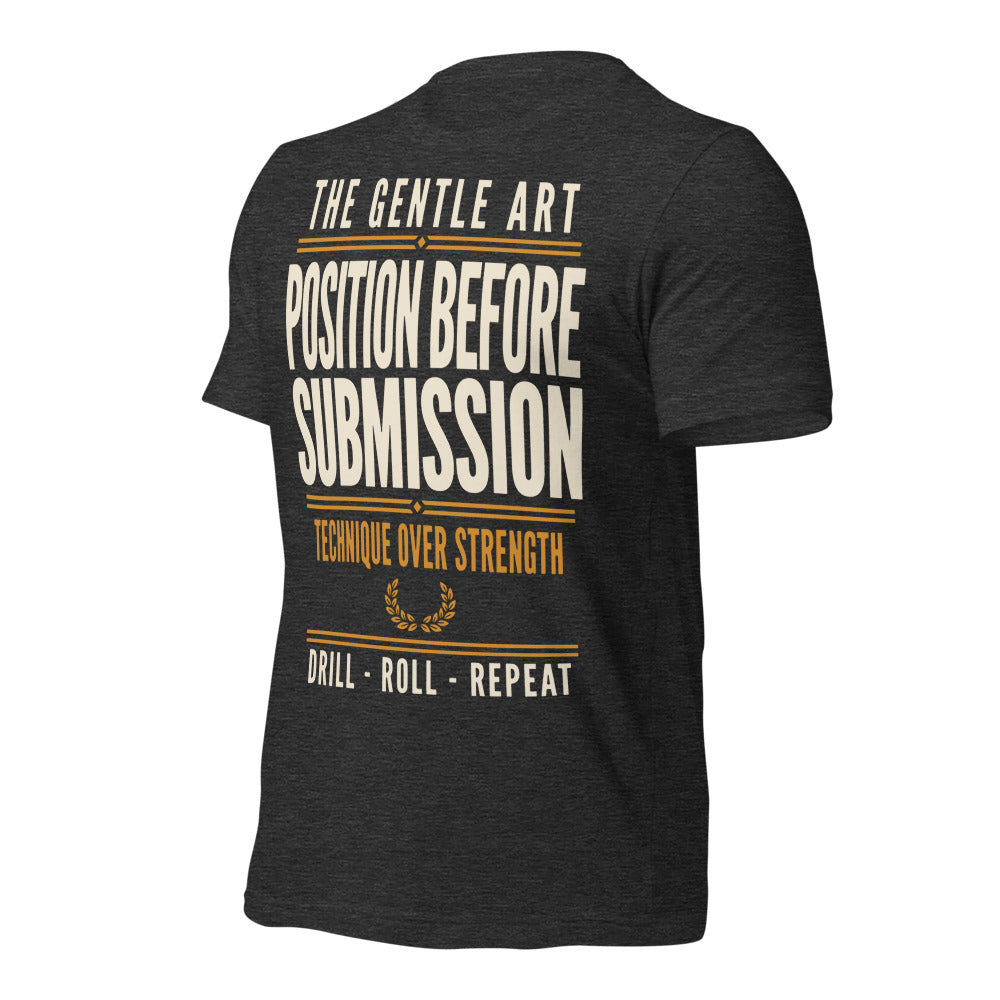 Position Before Submission Brazilian jiu jitsu t-shirt — Dark Grey Heather, front-right