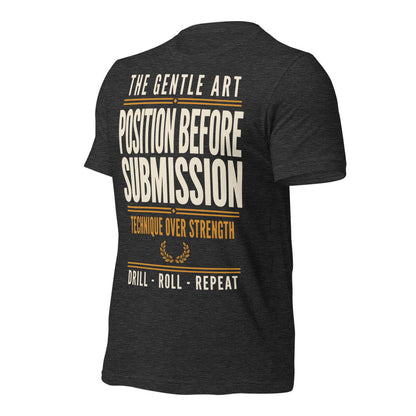 Position Before Submission Brazilian jiu jitsu t-shirt — Dark Grey Heather, front-right
